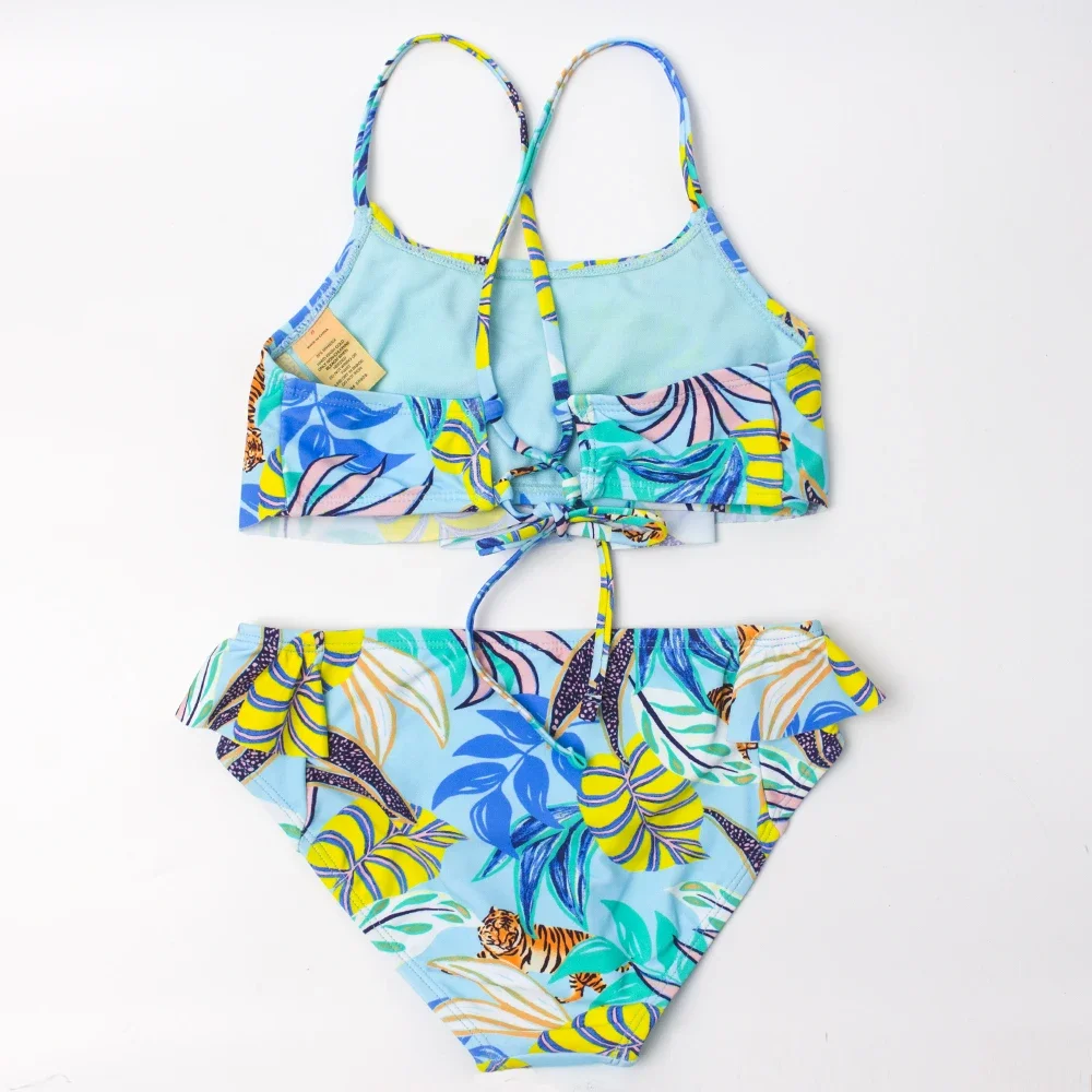 Children Leaf Print Bikinis for Girls Bathing Suits 2 Pieces Swiming Suit for Kids Girls Beach Wear Bule Bandage Swimsuits