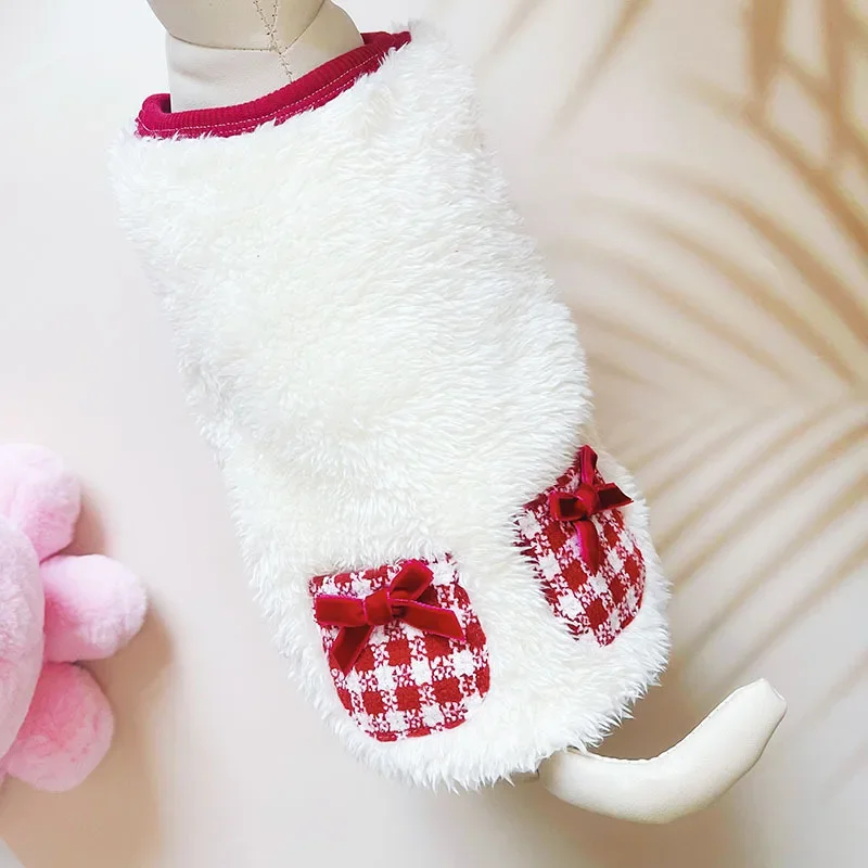 Dog Christmas Lamb Velvet Vest Pet Clothes Plush Two Legged Vest Cat Plush Thickened Tank Pet Plaid Pocket Coat Puppy Clothes