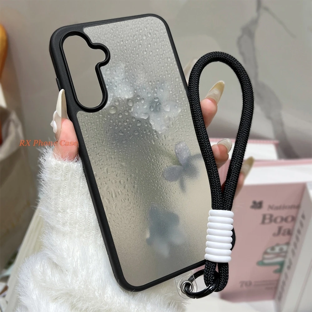 Hazy Water Drop Flower Clear Phone Case For Samsung S26 Ultra S25 Ultra A56 A57 S24 FE S23 A55 A37 A18 A08 Acrylic Wrist Lanyard