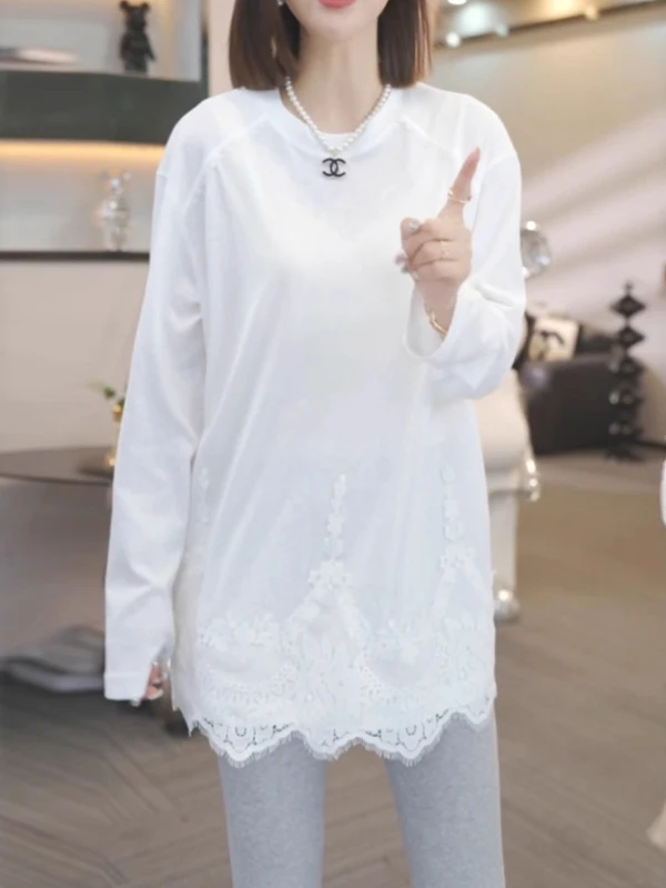 

Ladies Mid-Length Pure Cotton Lace-d Base irt Long Sve T-irt Butt Covering Spring Faion plus Size Comfortable Top