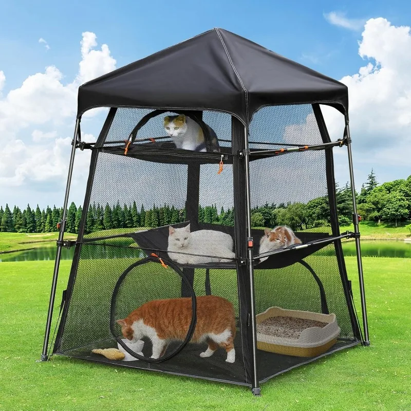 

Extra Large Catio Outdoor Cat Enclosure, 3-Tier Spacious Outdoor Cat Tent, Weatherproof&Sunproof with 5 Windows, Foldable