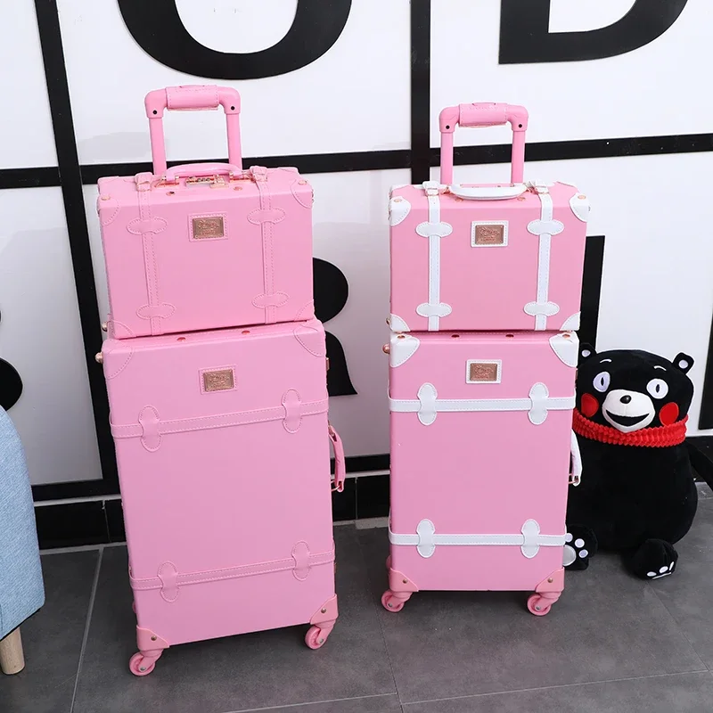 New Travel suit on spinner wheels Trolley luggage set 20\'\' cabin luggage bag PU leather Retro vintage suit girls bag