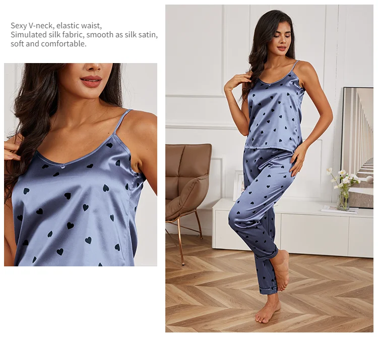 Damen Hauskleidung sexy V-Ausschnitt Pyjama Seide Pyjama Set Nachtwäsche Satin Cami Weste mit Hose Pyjama 2 Stück Sets Lounge wear – Detail 13