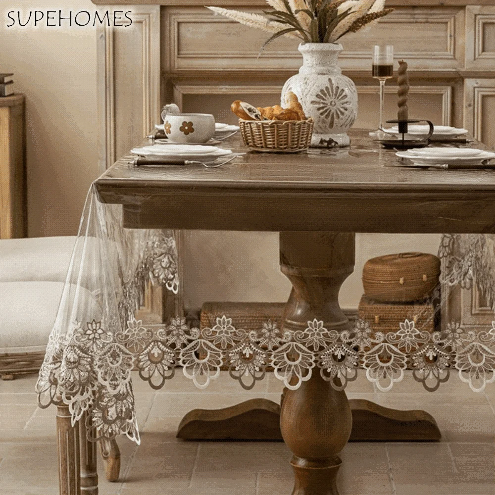 

Waterproof PVC Tablecloth European Style Oil Proof Dining Table Cover Rectangular/Square Lace Embroidered Table Runner
