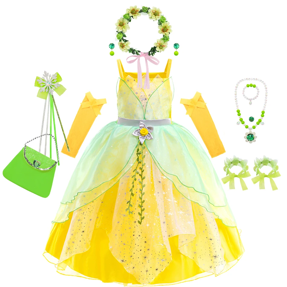 Kinder Tiana Prinzessinnen-Kostüm Kleid Funkelndes Grün-Gelbes Mehrlagiges Tüllkleid Zubehör-Set für Halloween Cosplay Fotoshooting