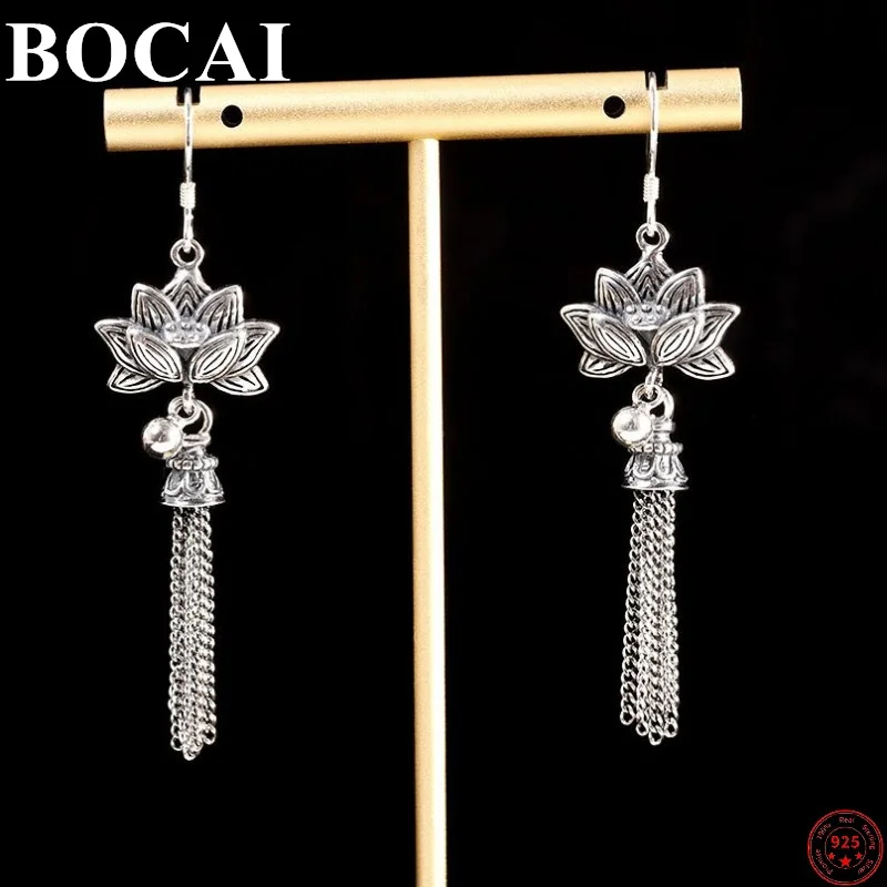 

BOCAI 100% S925 Sterling Silver Drop Earrings New Fashion Retro Lotus Jewelry Pure Argentum Tassel Ear-Drop Free Shipping