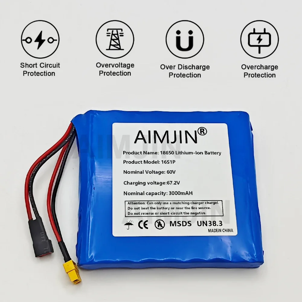 60V Battery 3000mAH 16s1p Lithium battery pack with Bms for Electric Unicycle Battery Scooter Skateboard