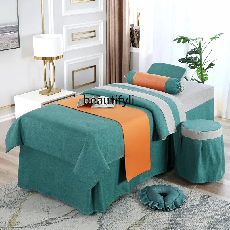 

smt03 Cotton Linen Facial Bed Four-Piece Set Skin-Friendly Breathable Bedspread Pillowcase Chair Cover Quilt Containing Duvet In