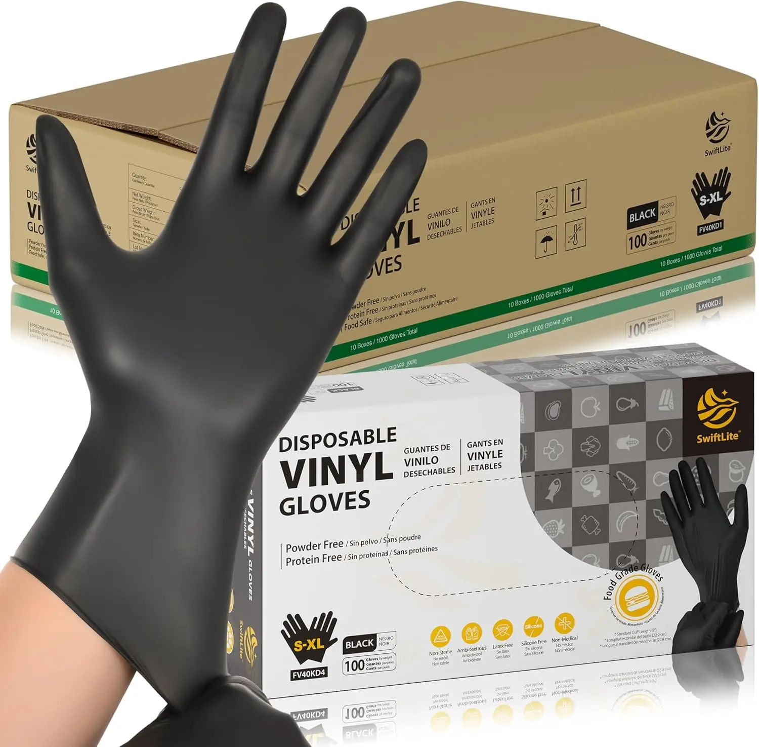 

Black Vinyl Gloves, Food Grade Disposable Latex & Powder Free for Cleaning Cooking Prep