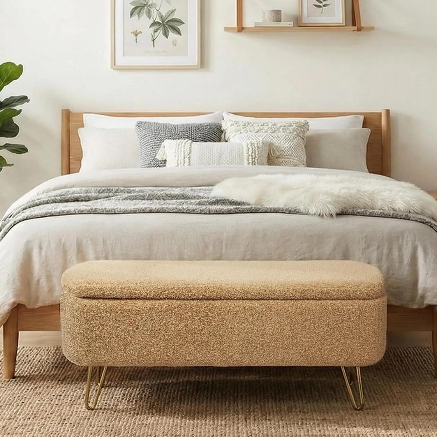 Boucle Ottoman Bench with Storage & Cushion, Gold Legs for Bedroom & Living Room Entryway, Camel, Customized