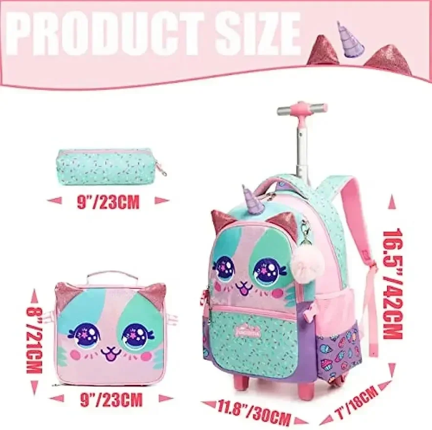 3PCS Cute Rolling Backpack for Girls Backpacks with Wheels for Elementary Students Kids 3 in 1 Travel Luggage Carry on Suitcase