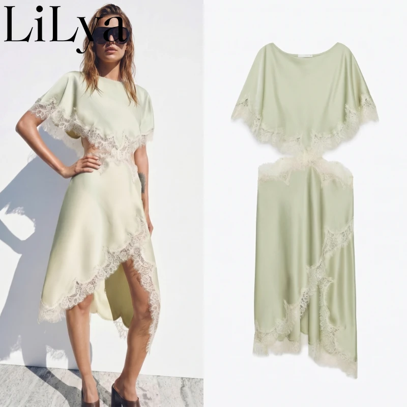 Elegant Solid Waist Hollow Out Woman Dress Lace Trim Cutout Asymmetrical Midi Dress Y2K Lady Sexy Club Party Woman Dress 2026NEW