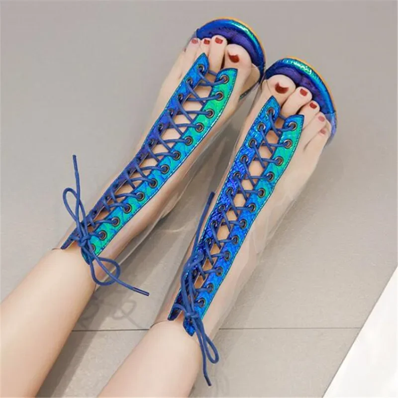 PVC Women\'s shoes transparent sandals cross lace fish mouth sandals 11cm thick heel Lace Up Round Toe