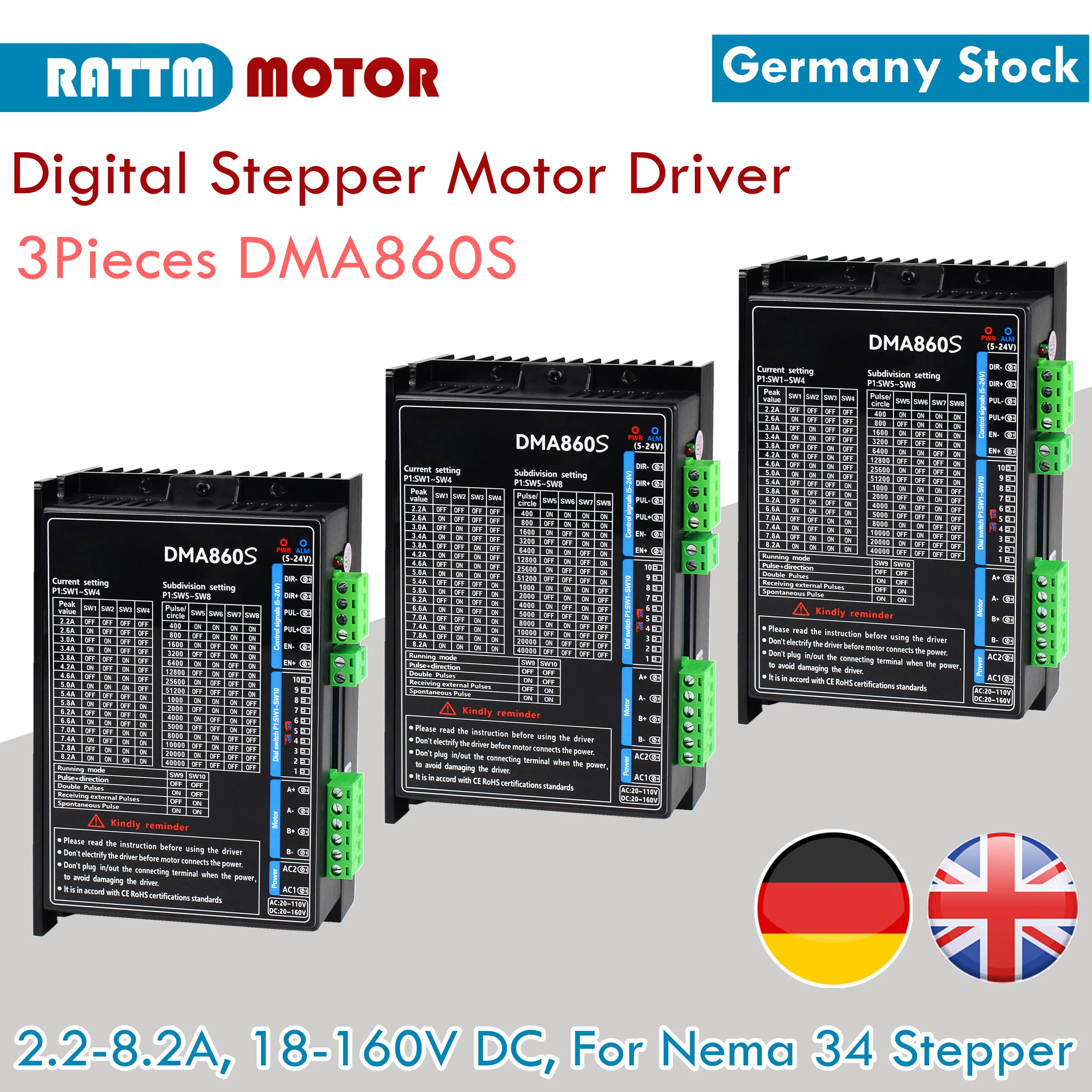 CNC DMA860S Stepper Motor Driver DC 18-160VDC / AC 18-110VAC, 2 Phase, for Nema34 86 Stepping Motor『EU Stock』