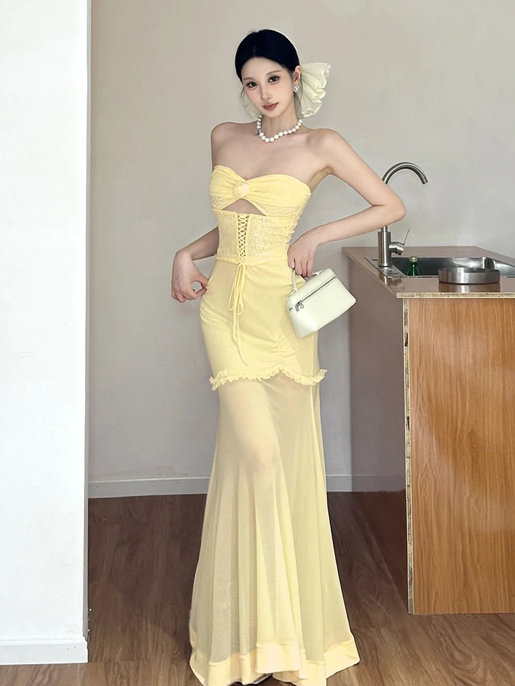 WEIRD PUSS Fre citron doux odeur sangle conception fleur creuse embelli Tube Dr mince Long Dr taille haute une épaule