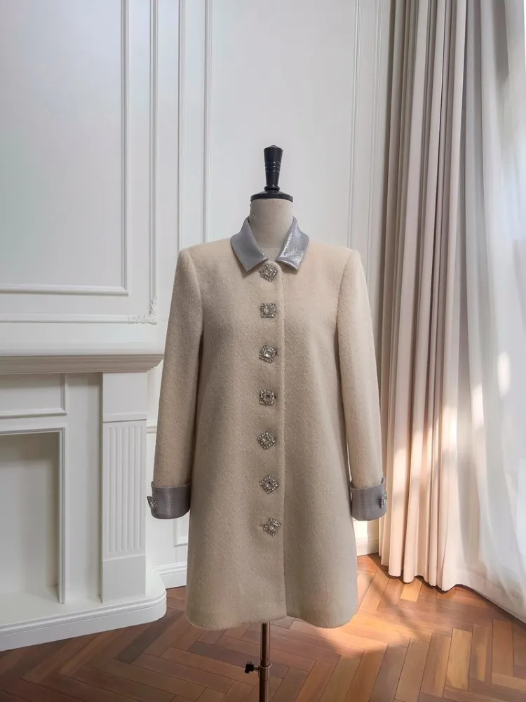 Elegante Frauen Wolle Mischungen Retro Einreiher Mid-länge Diamant Taste Woolen Mantel Herbst Winter Turndown Kragen Oberbekleidung