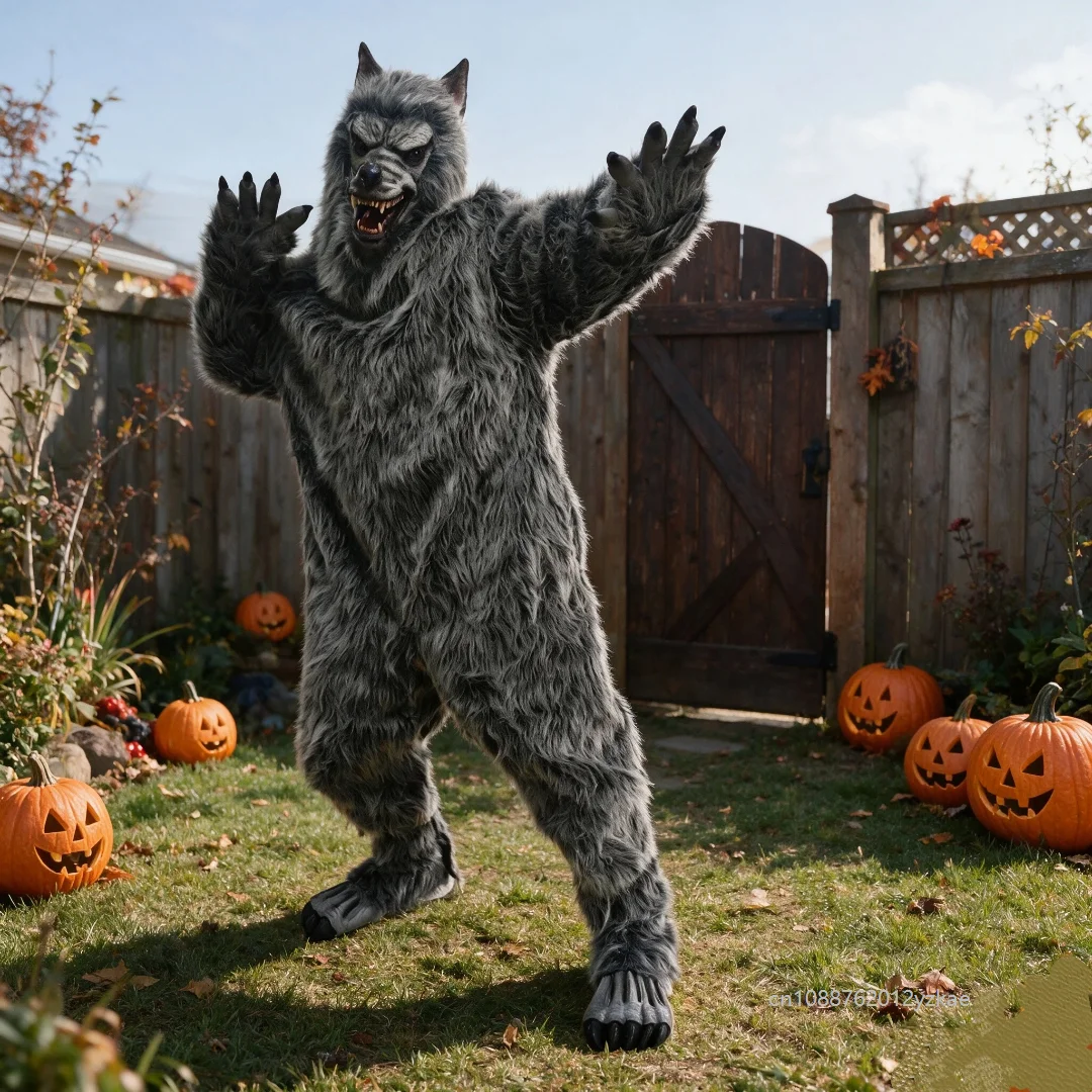 Grauer Wolf Tierkostüm für Erwachsene Halloween Karneval Party Scherz-Kostüm Bühnenauftritt Requisiten Plüsch Grauer Werwolf Anzug 2026