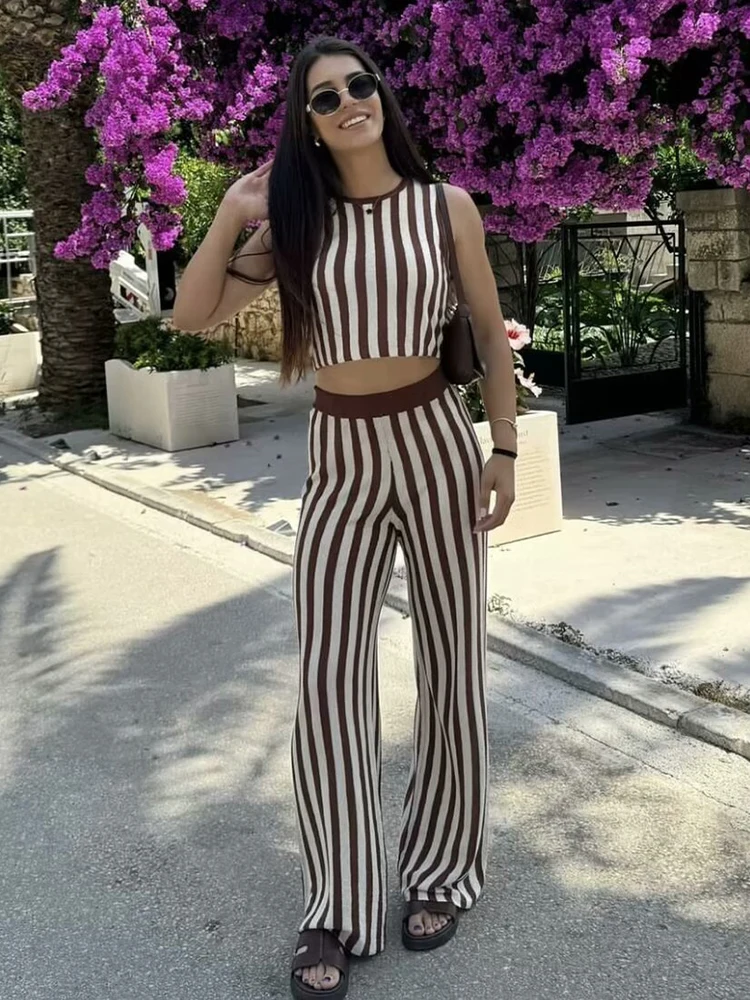 

Elegant Knitted Striped Vest Pant Sets Women O-neck Sleeveless Crop Tops High Waist Pants Suit 2024 Summer Casual Lady Outfits