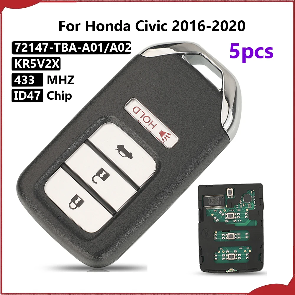 Jingyuqin New 5pcs 433.92MHz FSK ID47 Chip KR5V2X Remote Car Key For Honda Civic 2016-2020 Promixity Card 72147-TBA-A01/A02