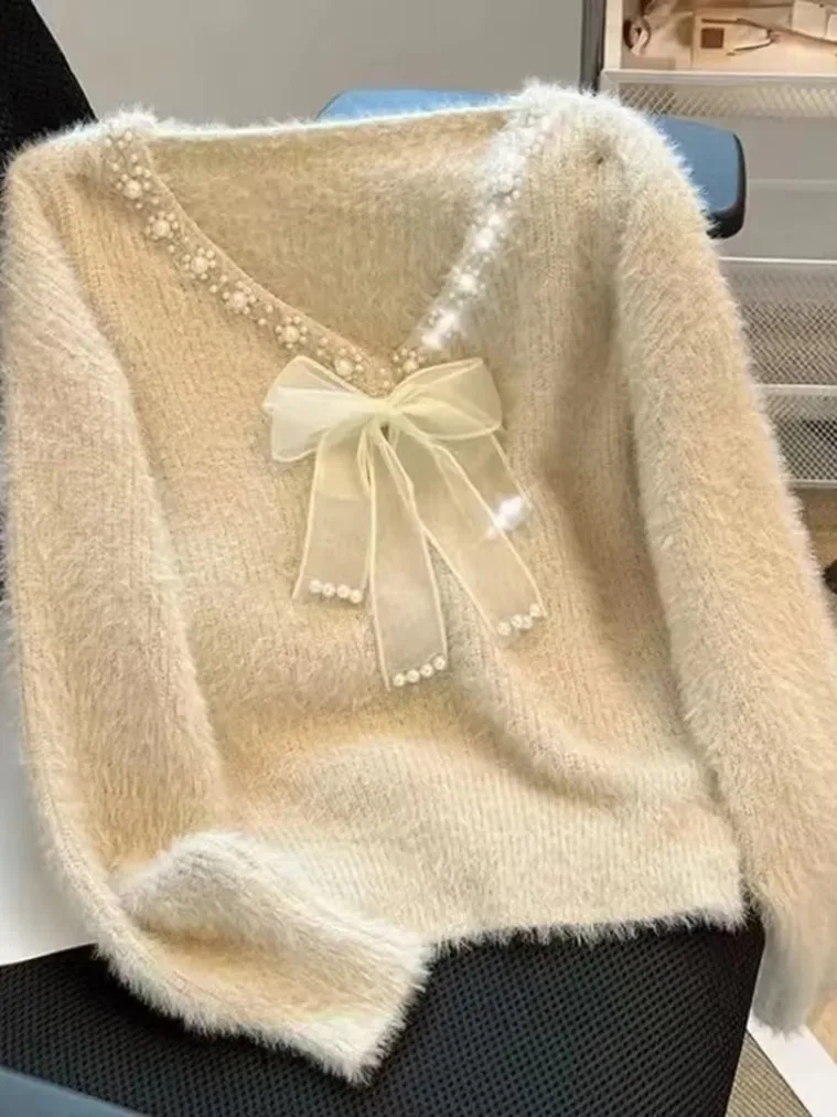 

2025 Women Bow Sweaters Korean Faux Mink Cashmere Knitted Pullover Elegant Pearl New Long Sleeve Female Casual V Neck Tops