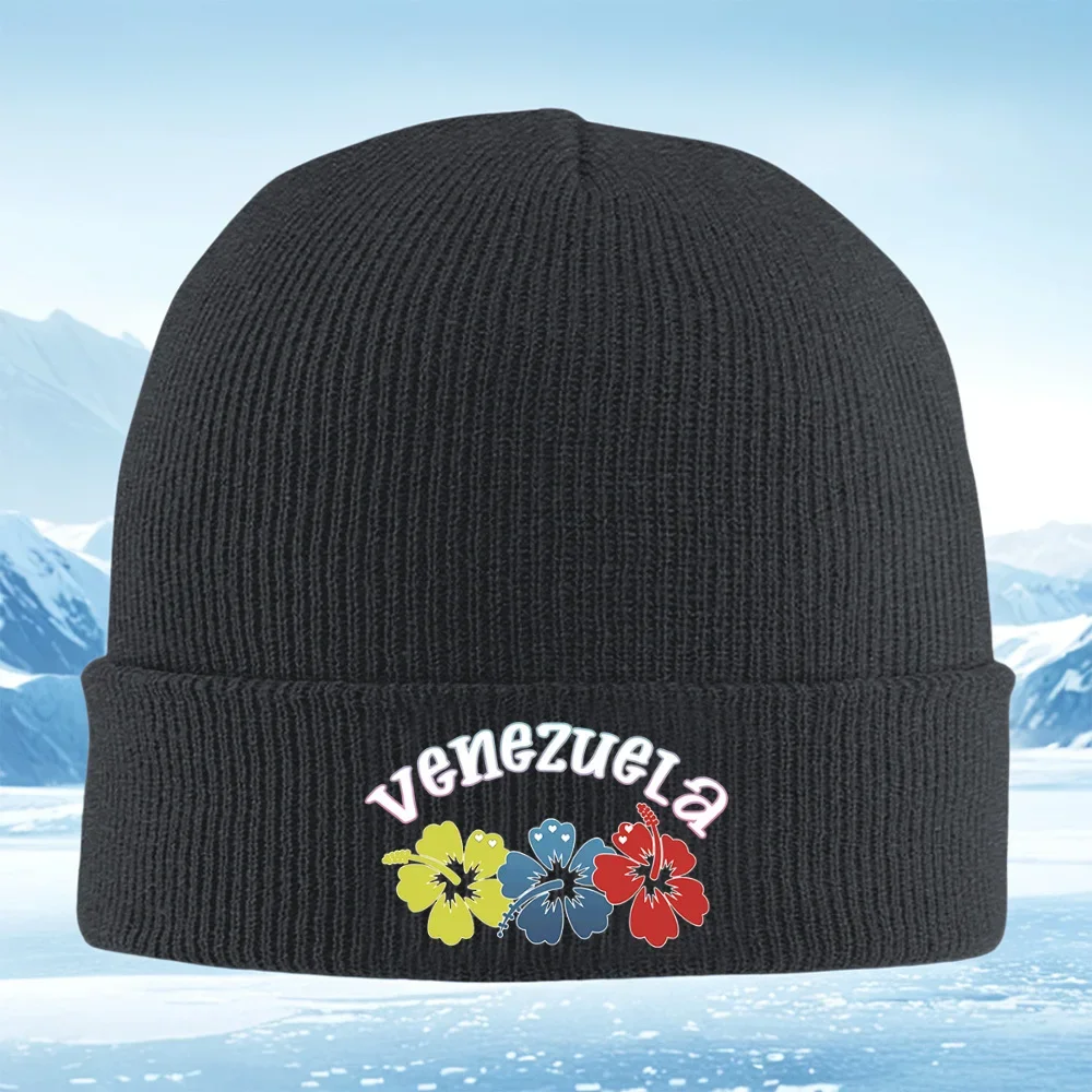 2026 Flowers design country word Venezuela black background Men Women Unisex Knitted Hat Beanie Pullover Cap Winter Thermal Warm