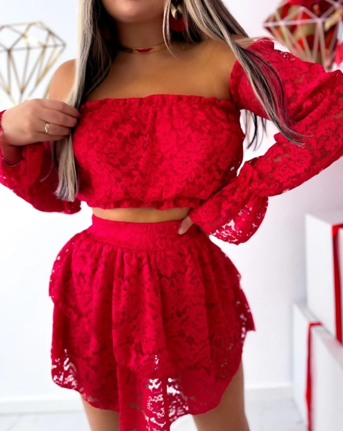 Women Two Pieces Contrast Lace Off the Shoulder Long Sleeve Bubble Crop Top and Strechy Waist Layered Ruffled Mini Skirt Set