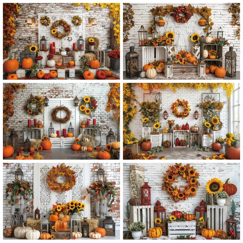 

Autumn Backdrop Fall Maple Leaves Farm Barn Pumpkin Haystack Brick Wall Thanksgiving Baby Portrait Photography Background Decor