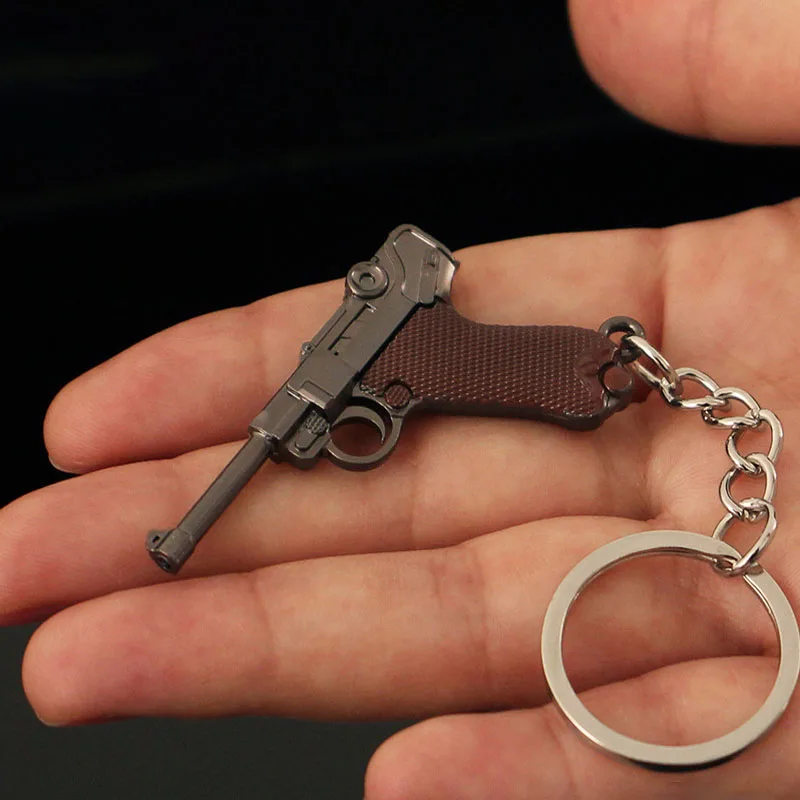 5cm PUB Gun Keychain Model Mini Ruger P08 Small Gun Pendant All Metal Keyrings Game Peripherals Gifts for Boys Collectibles Doll