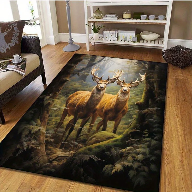 Forest Deer Rug: Rustic WildlifeCarpet forCabin Interiors Nature-Inspired LivingRoomDecor Anti slip carpet can be machine washed