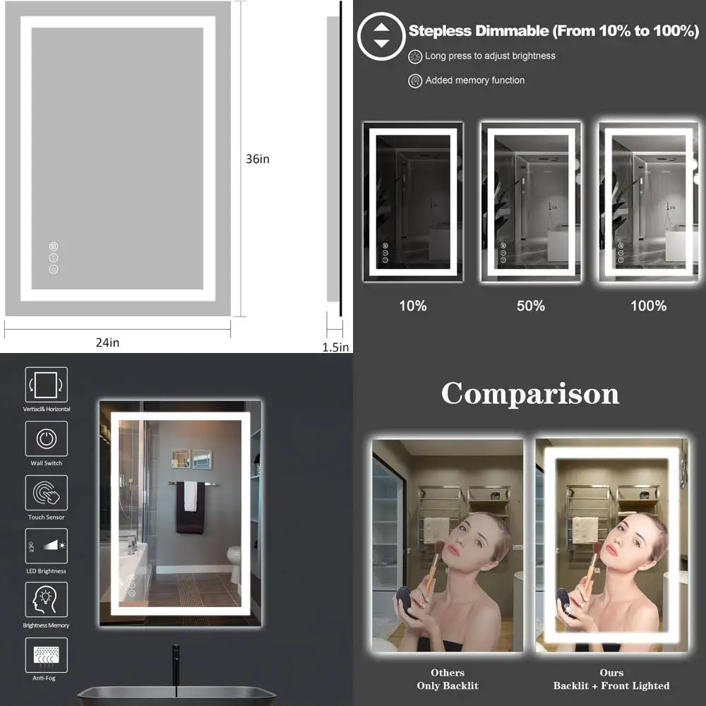 

24x36 LED Vanity Mirror with Front/Backlight, Step Dimmable, Anti-Fog, Shatterproof, Memory, 3 Color Options, Double LED (Horizo