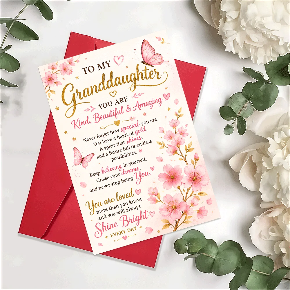 1 Greeting Card + 1 Envelope, Inspirational Card for Granddaughter, Sincere Birthday or Graduation Gift, Floral Butterfly - view 6