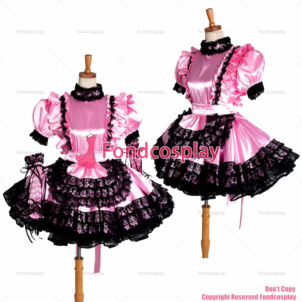 fondcosplay adult sexy cross dressing sissy maid short Pink Satin Dress Lockable Uniform black lace Costume CD/TV[G1402]