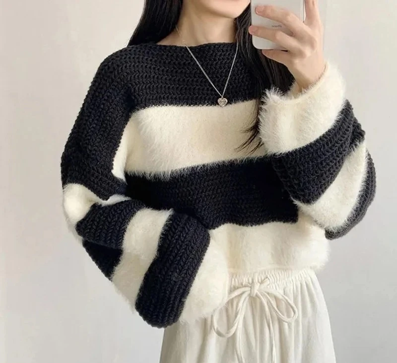 

Полосатый короткий свитер, женский осенне-зимний новый вязаный топ-рубашка