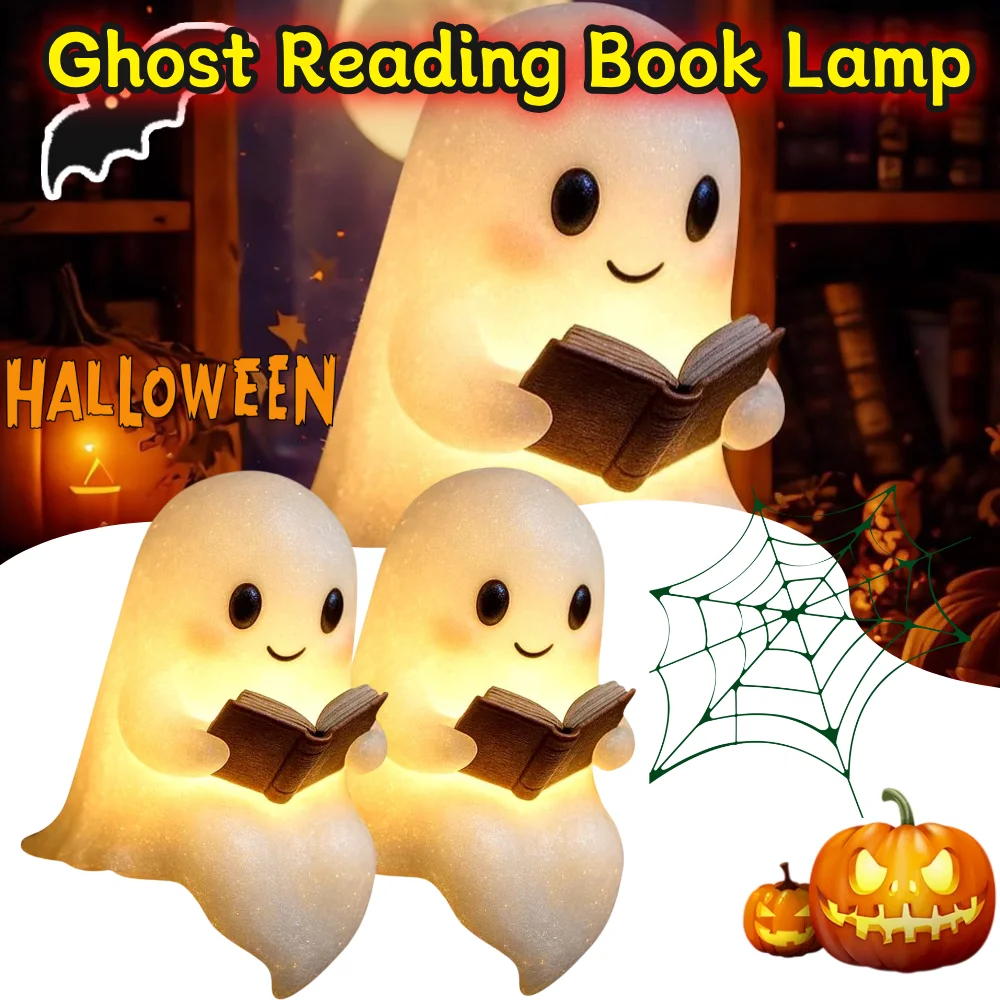 

Cute Ghost Reading Lamp For Halloween LED Sitting Ghost Reading A Book Night Light Bathroom Bedside Decor Halloween Ornament