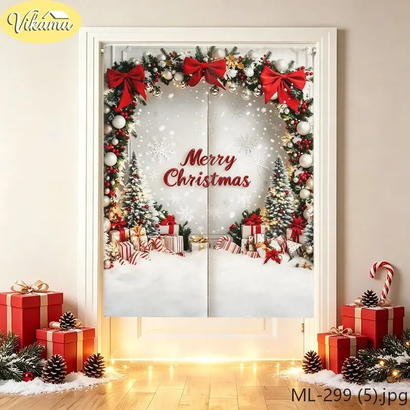 VIKAMA Merry Christmas Door Curtain Red Bows Garland HD Print, Easy Hang Festive Door Cover, Winter Holiday Decor