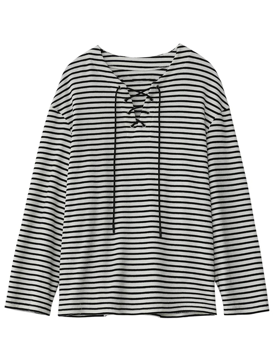 CHIC VEN Women T-Shirts Loose New Contrasting Striped Lace Up Long Sleeved Tees Versatile Casual Female Top Spring Autumn 2024