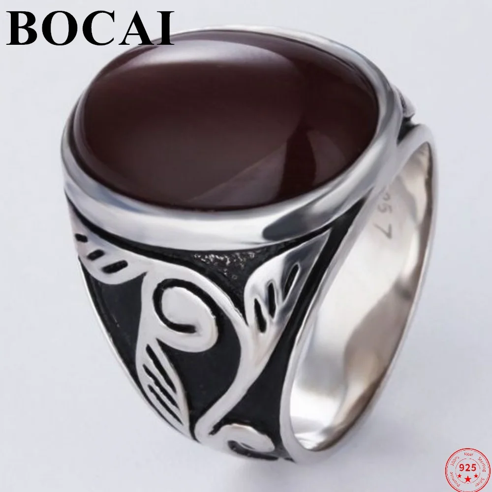 BOCAI S925 Sterling Silver Charm Rings Popular Jewelry Oval Agate Retro Totem Pattern Pure Argentum Gem hand Ornament  Men