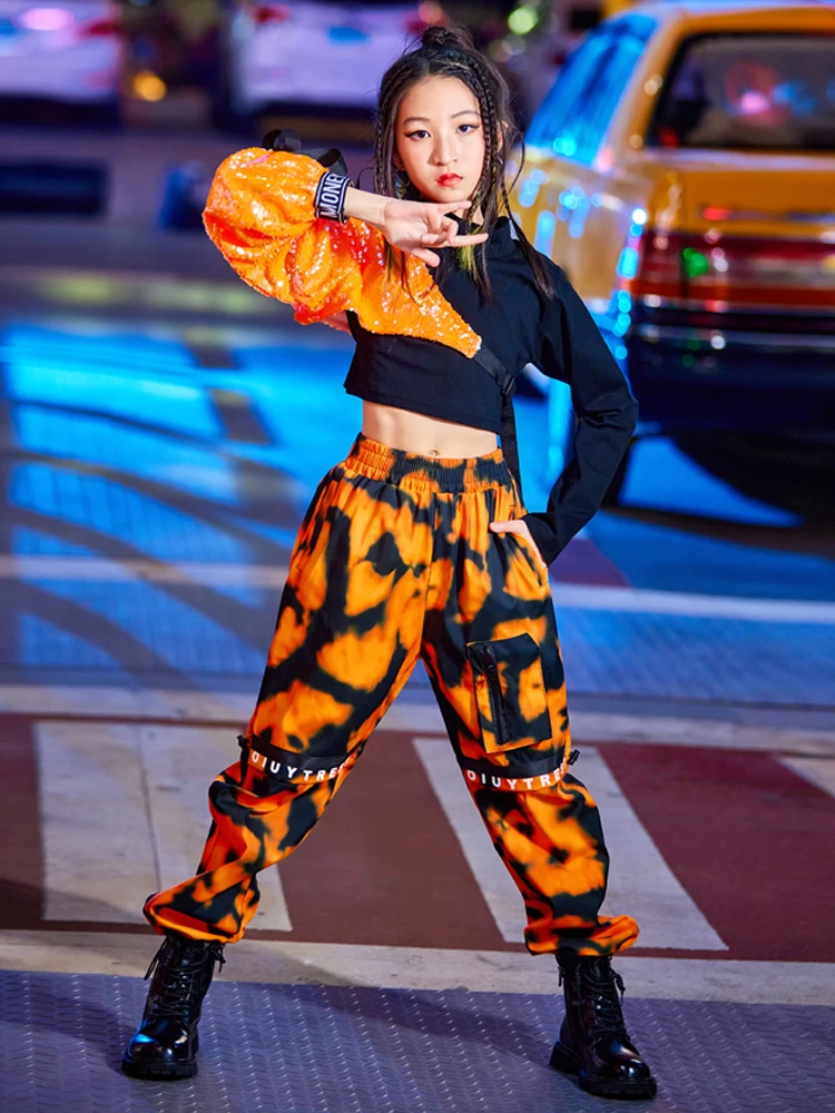 Children Hip Hop Dance Costumes Orange Sequins Sleeved Loose Pants Streetwear Jazz Performance Costumes Rave Clothes DN11576