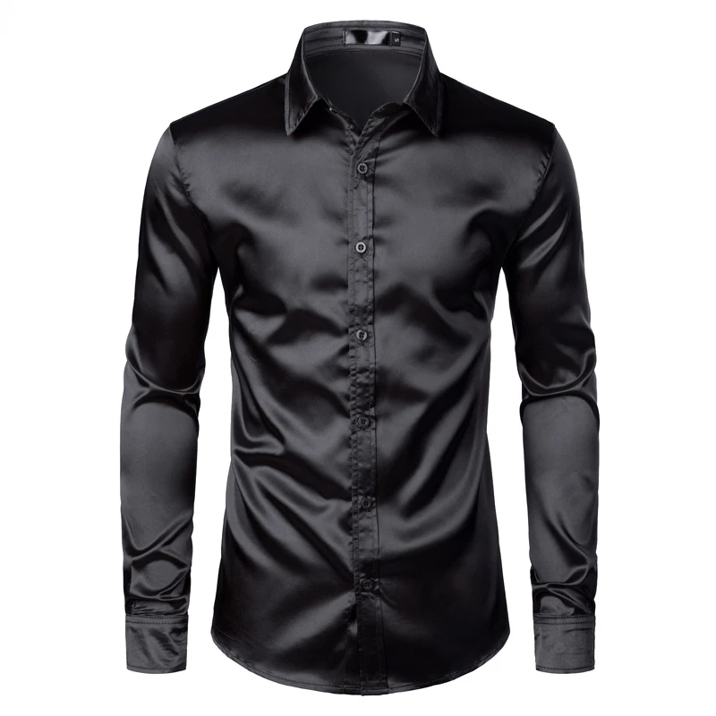 

Men's Black Satin Luxury Dress Shirts 2019 Silk Smooth Men Tuxedo Shirt Slim Fit Wedding Party Prom Casual Shirt Chemise Homme