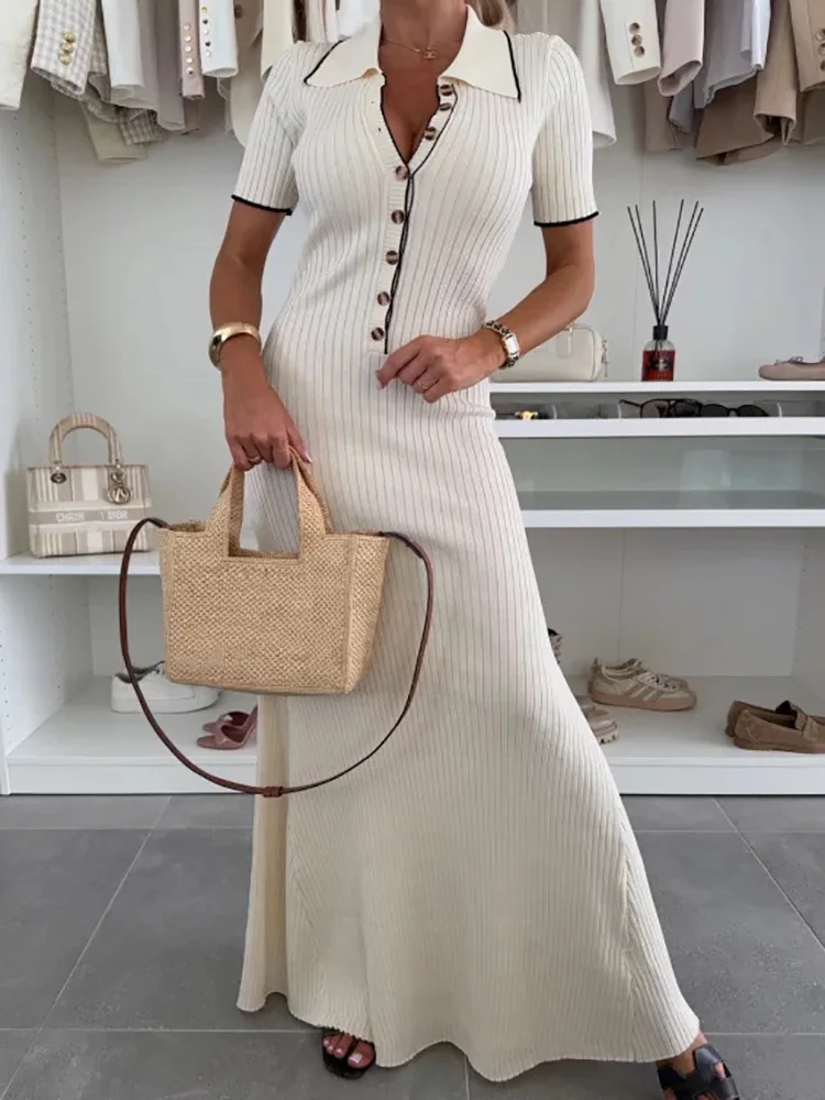 

Lapel Short Sleeve Casual Chic Maxi Dress, Women Summer Solid Patchwork Simple Party Dress, Knit Elegant Ladies Dress Vestidos