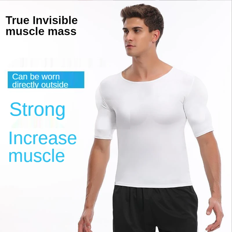 Man 3D Body Shaper Fake False Muscle Chest T-Shirt Sponge Shoulders Padded Underwear Compression ABS Anime Cosplay Costume