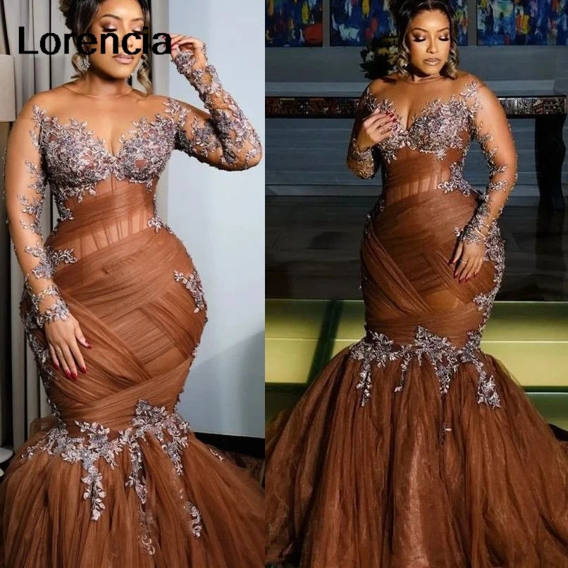 Maßgeschneidertes sexy Schokoladen-Illusion-arabisches Abendkleid Aso Ebi Kristallperlen Langarm Hochzeit Geburtstagskleid YPD230