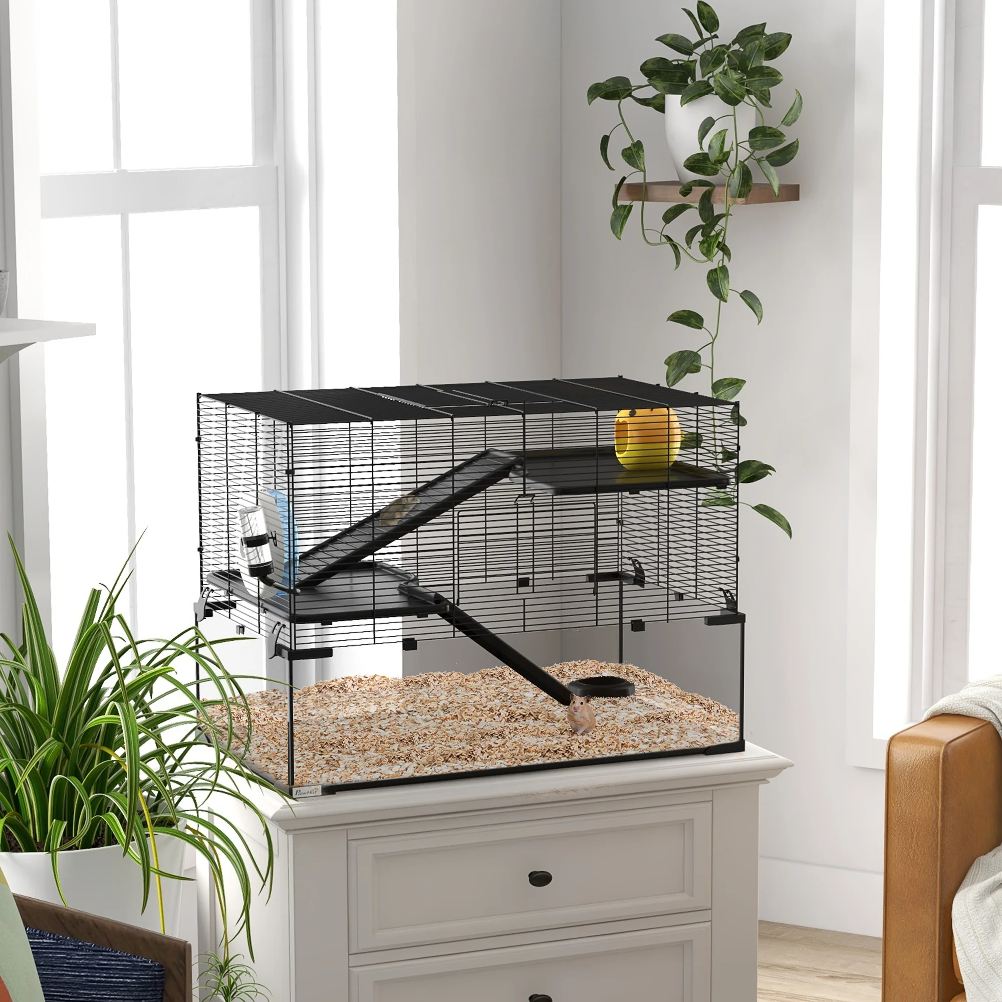 Pawhut Kooi voor Hamster, Knaagdierverblijf, 3 verdiepingen met wiel, loopbruggen, hok, waterfles, voerbak, 76,5L X 48,5L X 54,5H Cm, Zwart