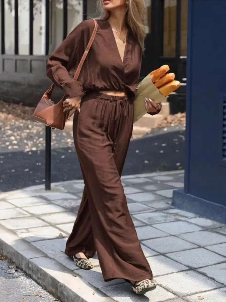 

Fashion Street Women Suit Elegant Two Piece Set Sexy V-Neck Long Sleeve Short Top Wide Leg Pants Sets Spring Lady Casual Outfits