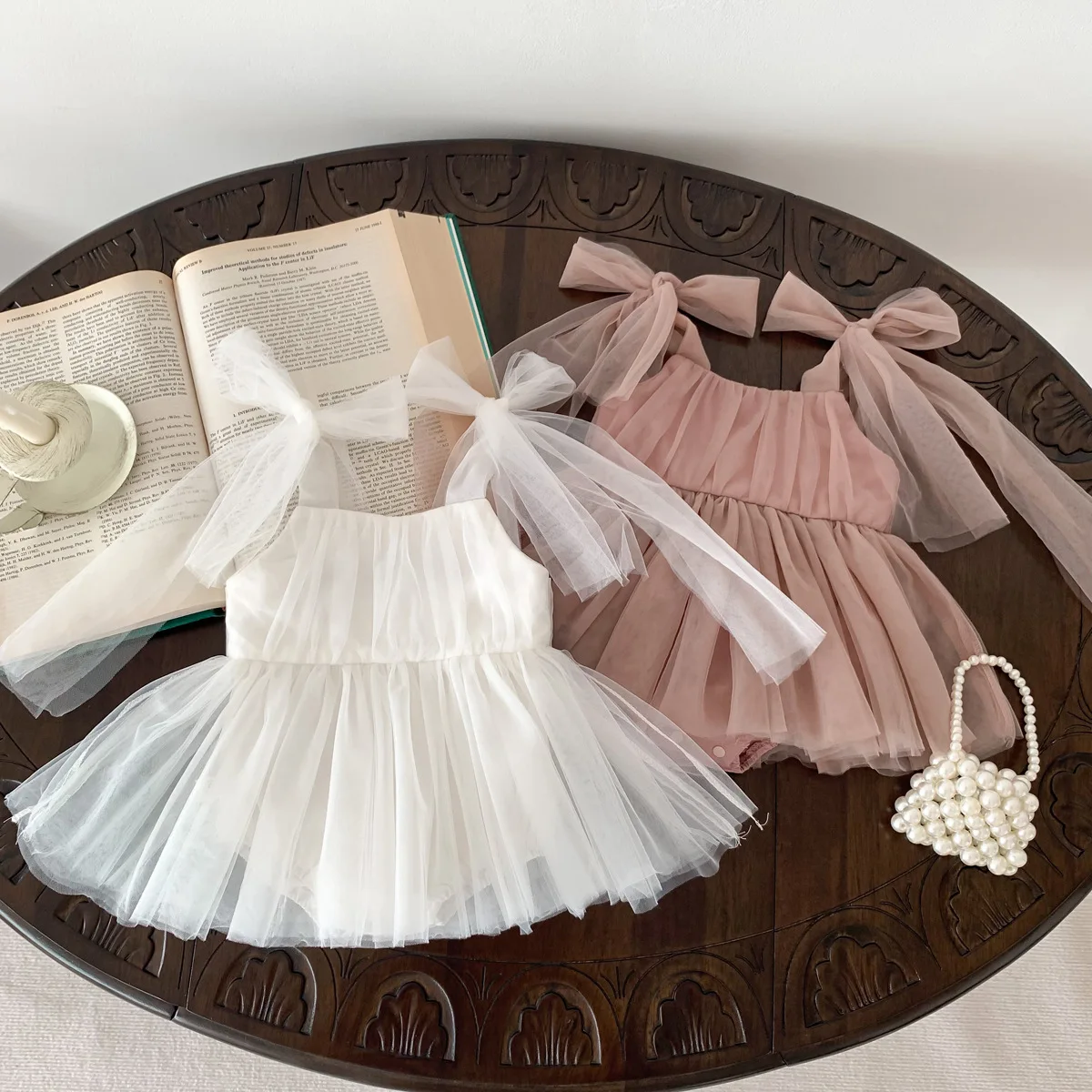 First Birthday Dress Straps Bow Flower Girl Tutu Dress Blush Pink White Baby Gauze Jumpsuit