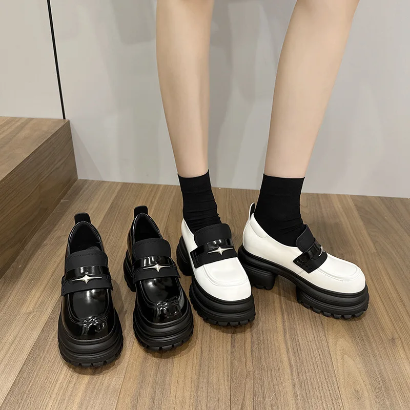

Women Loafers Spring Shoes British Style Jk Uniform Leather Shoes 8cm Thick Platform Height Increasing