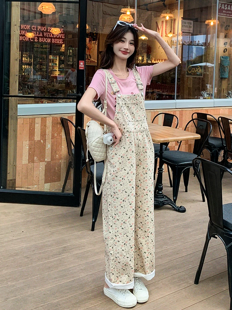 

Korean Sweet Floral Print Bib Overalls Women's Spring Summer New Sle Agel Straight Leg Jumpsuit High Waist Cotton Blend