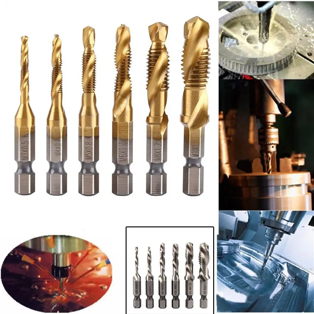 

Набор сверл для метчиков из высокоскоростной стали, метрическая резьба, метчик с шестигранным хвостовиком с титановым покрытием, 1/4 дюйма, шестигранный хвостовик M3-M10, размер HSS, резьба