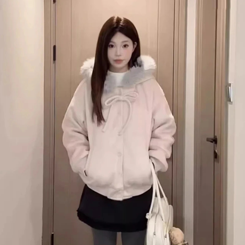 

Pink Bow Hooded Jacket Women Long Sleeve Fur Collar Patchwork Korean Hoodies Loose Casual Button Sweet Female Streetwear Outwear