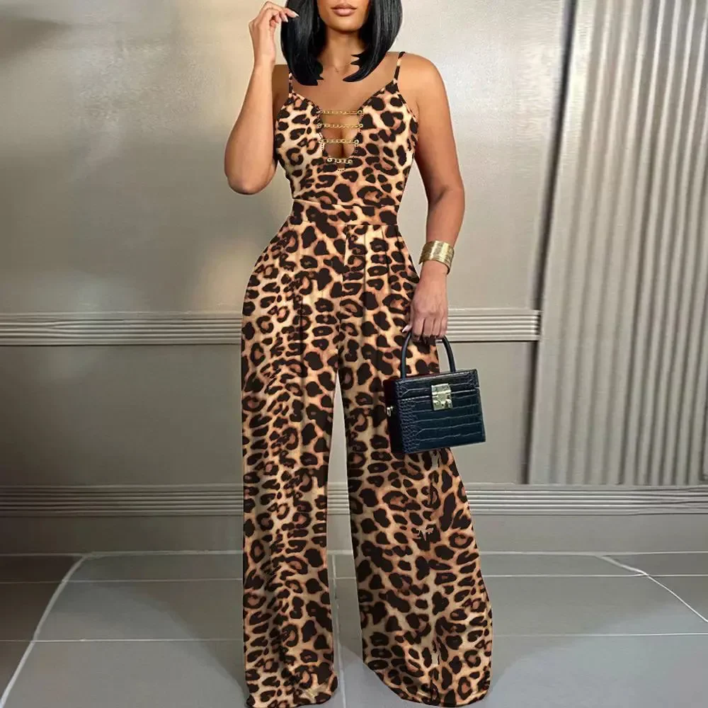 Leopard Print Chain Strap Plunge Jumpsuit Women Summer Sleeveless V Neck High Waist Playsuits Jumpsuit Pants